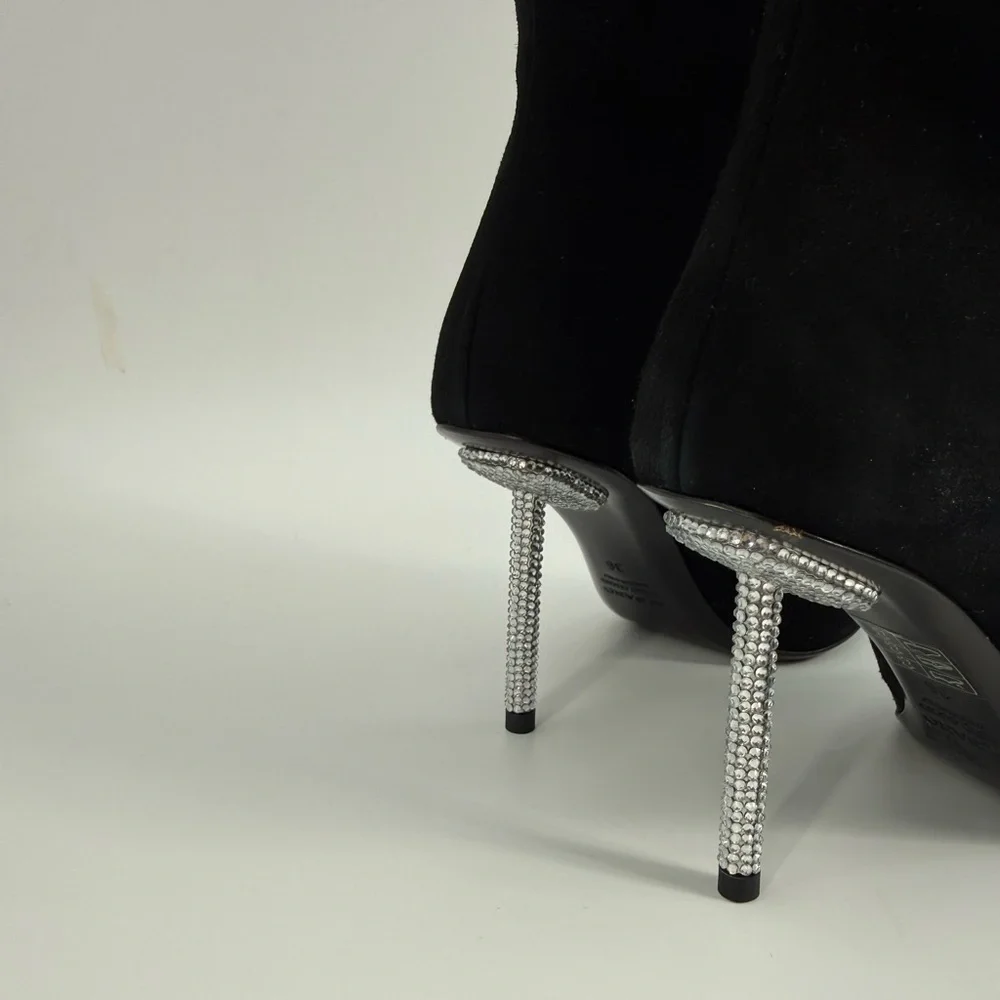 Diane B. Sophisticated Black Suede Knee-High Stiletto Boots with Rhinestone Heel - Picture 10 of 16